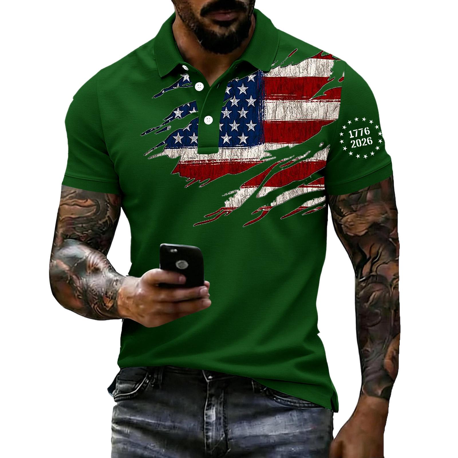 

Men Loose Fit Casual Polo Shirt Short Sleeve with Flag Print Lapel Collar Comfortable Breathable Fabric XXXXL