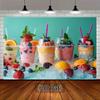2D Teal Background Fruit Drink Tapestry, Icy Berry Smoothie Scene Background Cloth