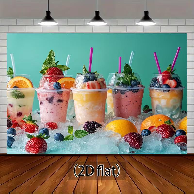 2D Teal Background Fruit Drink Tapestry, Icy Berry Smoothie Scene Background Cloth