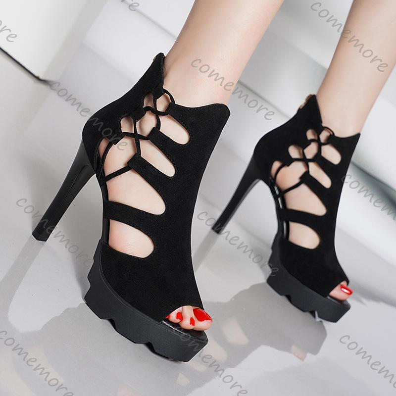Feiern Sie High-Heel-Sandalen Sommer Dicke Sohle Hohler Riemen Reißverschluss hinten Schuhe für Frauen Schwarz Sexy 11cm Absatz Sandalen Damen