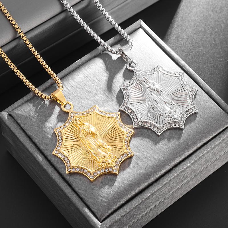 Classic Catholic Virgin Mary Square Pendant Necklace for Men Women Christian Religious Prayer Amulets Jewelry Gifts