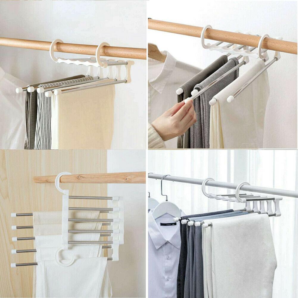 5 In 1 Multifunction Pant Rack Towel Shelves Closet Organizer Stainless Steel Wardrobe Adjustable Magic Trouser Hangers