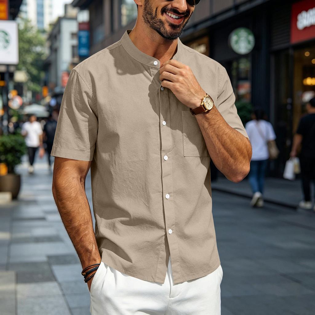 Mens Linen Shirt Short Sleeve Stand Collar Casual Loose Fit Breathable Lightweight Button Down Top with Chest Pocket