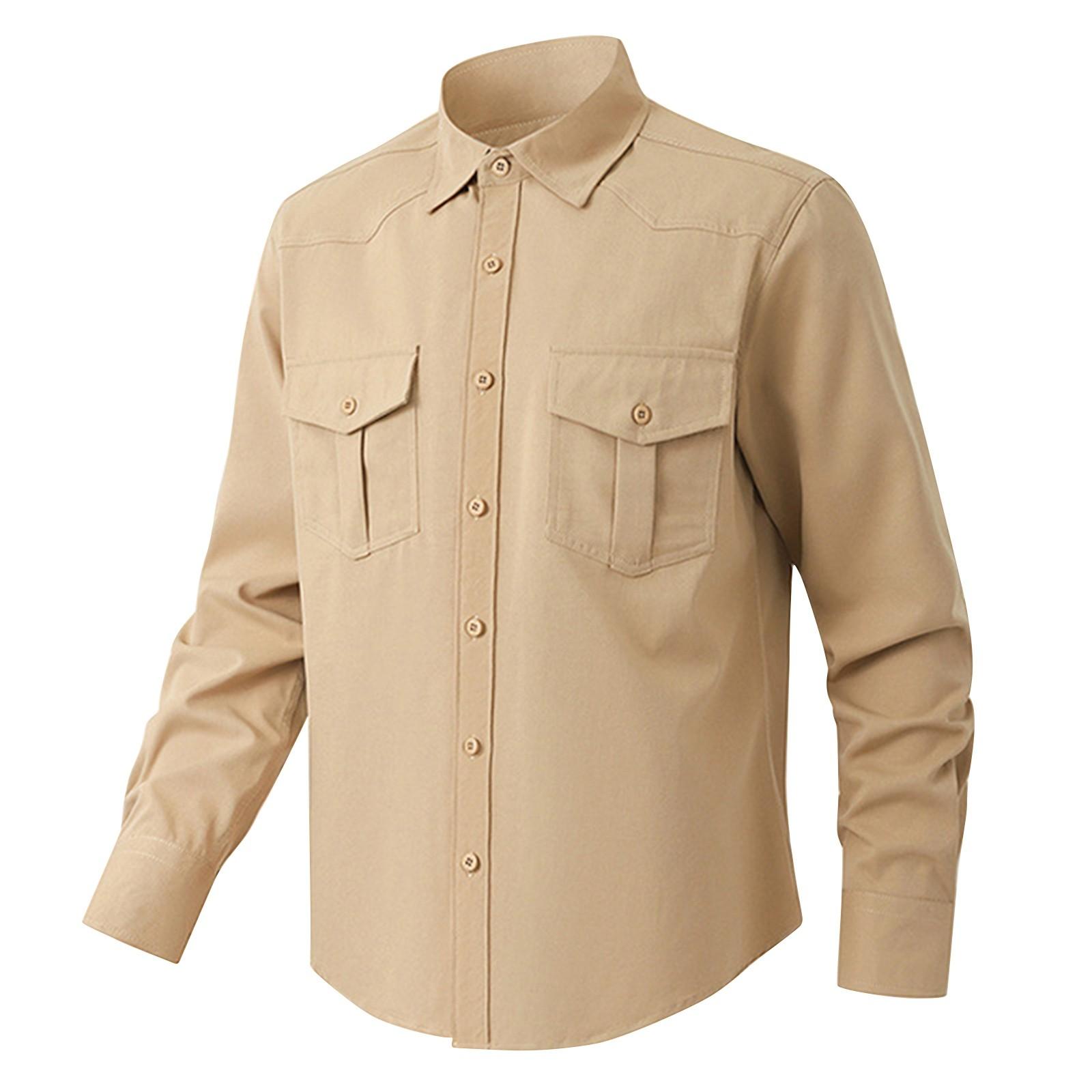 

Мужские однотонные рубашки с длинным рукавом и карманами на пуговицах Мужские повседневные рубашки с длинным рукавом XL хаки