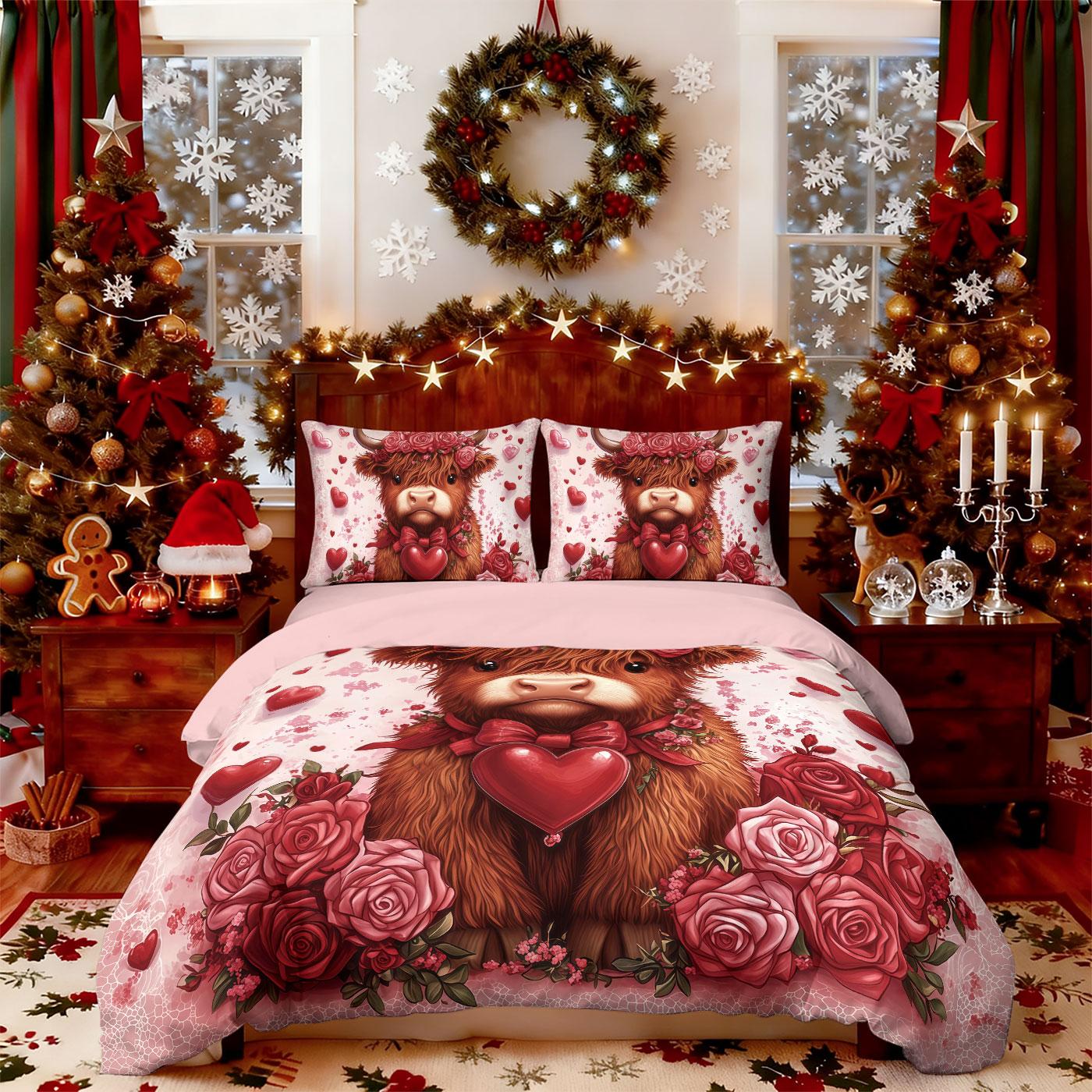 

3Pcs Valentine S Day Pink Highland Cow Print Coreless Bedding Set Soft Dormitory Bedroom Multiple Sizes Machine Washable 135x200cm-EU-Single&set