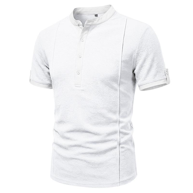 Men Casual Vintage Heavyweight Short Sleeve Solid Stand Collar Henley T Shirt S