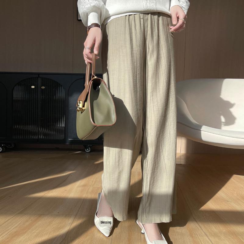 

2025 Summer Women s High Waist Wide Leg Pleated Pants - Ice Silk Cotton Linen Blend, Solid Color, Lightweight and Breathable. Large