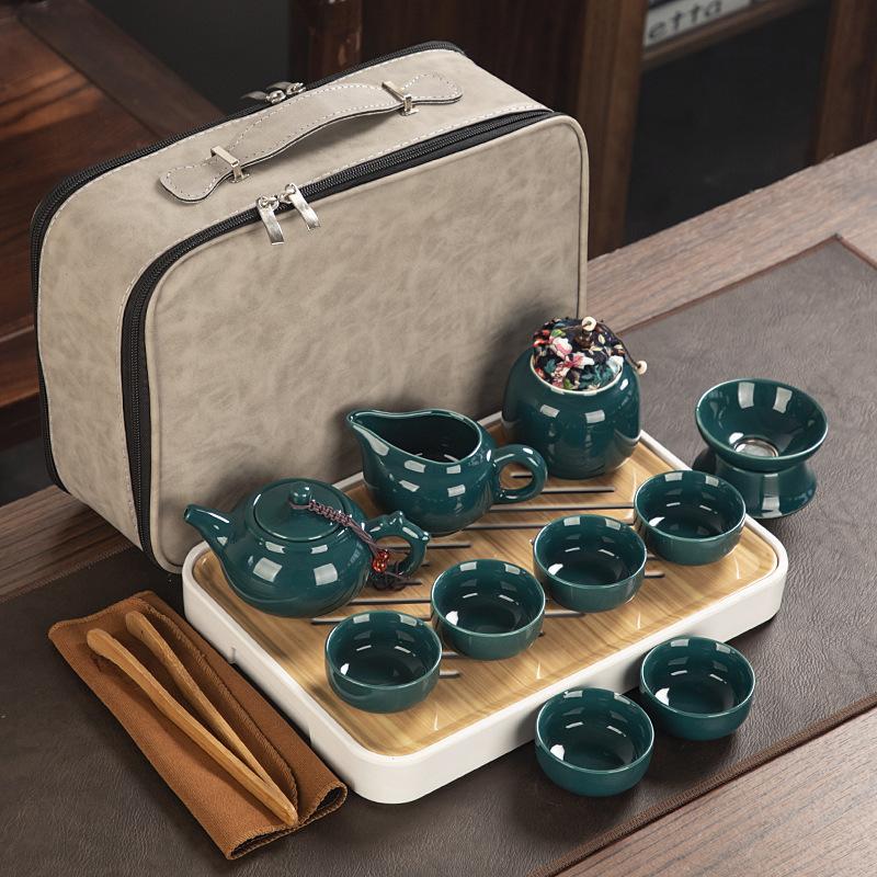 Travel ceramic Kung Fu tea set, tea tray, a full set of portable storage bags, practical business gifts for customers