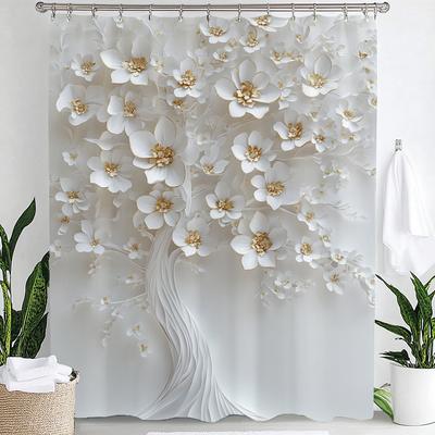 White Art Floral Printed Shower Curtain Bathroom Decoration Curtain,Hanging Curtain With 12 Hooks Machine Washable