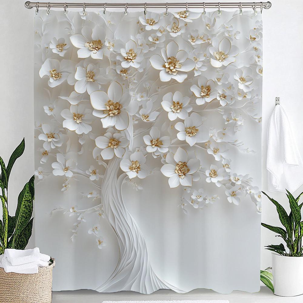 

White Art Floral Printed Shower Curtain Bathroom Decoration Curtain,Hanging Curtain With 12 Hooks Machine Washable W60H190(CM)-1 Pcs