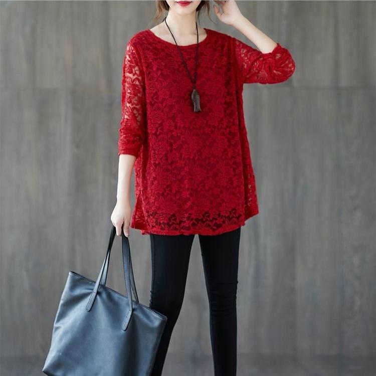 Spring Autumn Women's Round Neck Lace Blouse Mid-Length Loose Hollow-Out Plus Size Blouse