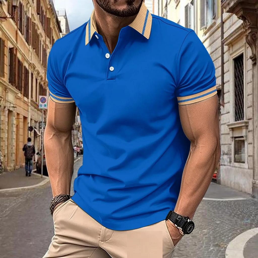 Men's Fashion Summer Business Casual Polos Short Sleeved Buttons Lapel Breathable Patchwork Polo Shirts Men