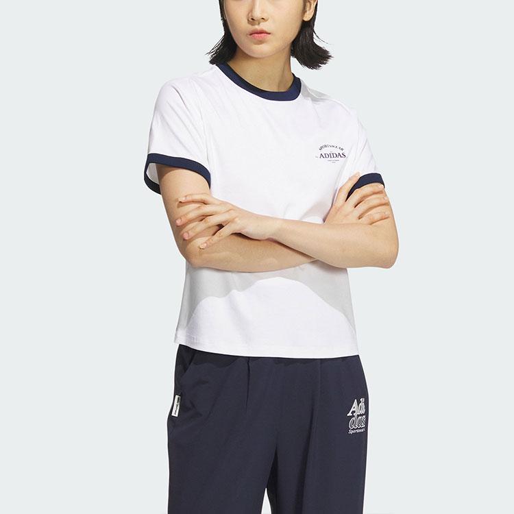 Adidas Verbiage Striped Patchwork Print Logo Crew Neck T-Shirt Women Tops White JC8708