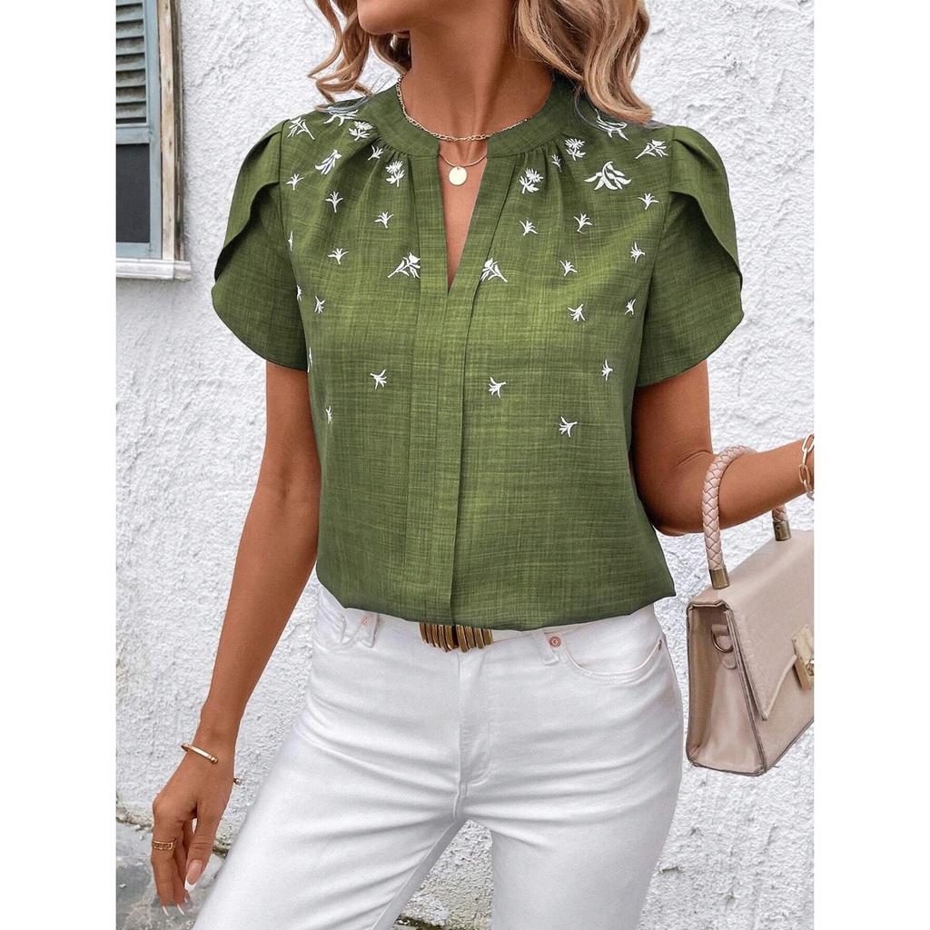 GMXIA Spring Summer Semi-open Collar Short Sleeve Shoulder Crepe Pullover Solid Color Printed Inch Shirt T Top Women