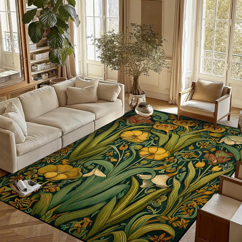 Retro Flower Living Room Carpet Non-slip Machine Washable Soft Floor Mat Nordic Style Plant Rugs Large Size Home Decoration Mats