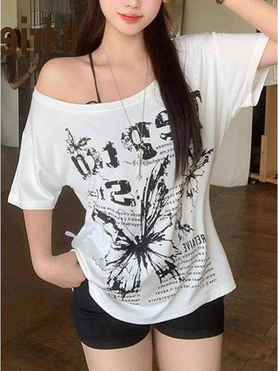 T-shirt d'été asymétrique épaules dénudées grande taille pour femme 2025