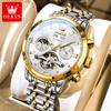 OLEVS Watches for Men Skeleton Flywheel Automatic Mechanical Men's Watches 24 Hour Moon Phase Waterproof Luxury Man Watch 6740