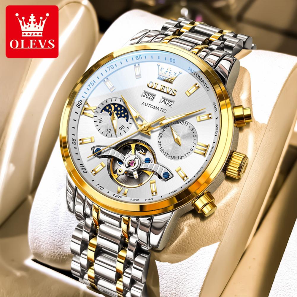 OLEVS Watches for Men Skeleton Flywheel Automatic Mechanical Men's Watches 24 Hour Moon Phase Waterproof Luxury Man Watch 6740