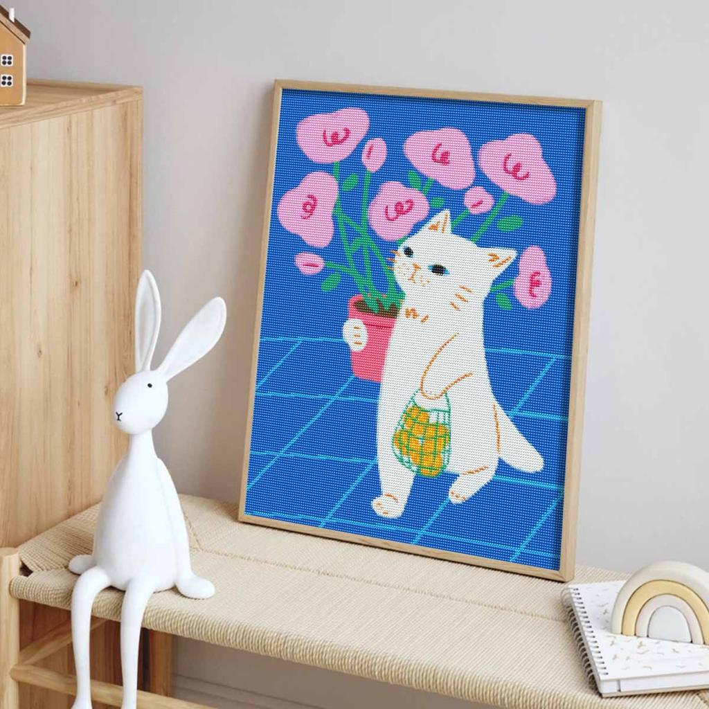 Diamond painting kit cat with pink flowers. full diamond round mosaic handmade. home decoration gift
