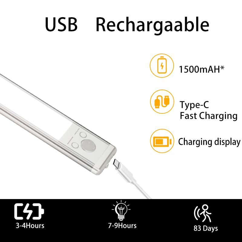 1pc Wireless Rechargeable LED Motion Sensor Cabinet Light - for Closet, Kitchen, Wardrobe, Stairs -Type-C Charging Light Bar