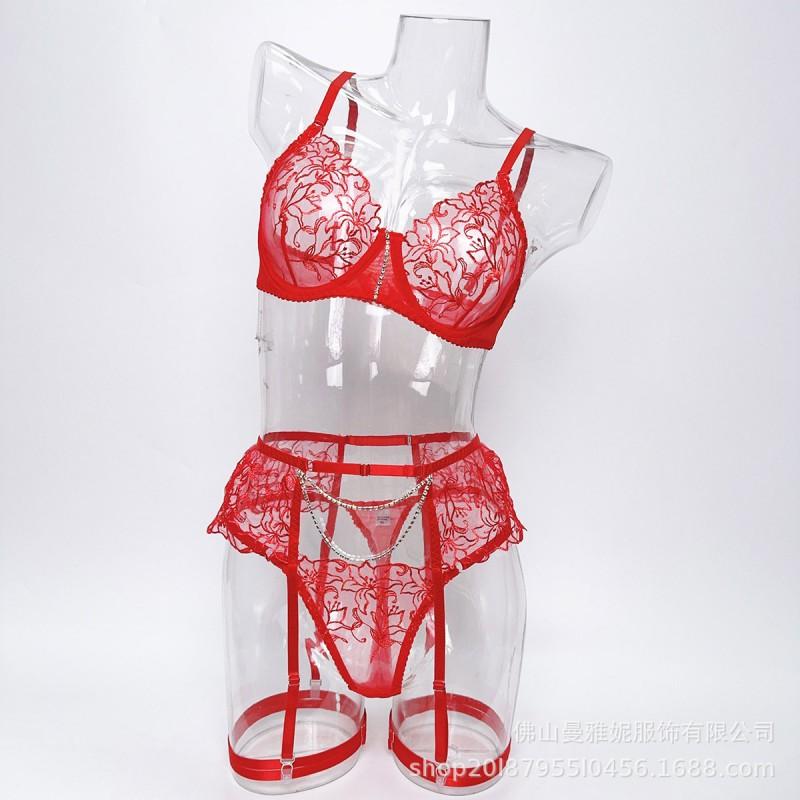 Sexy Lace Embroidery Lingerie Set Sheer Thong With Garter Women Party Costume