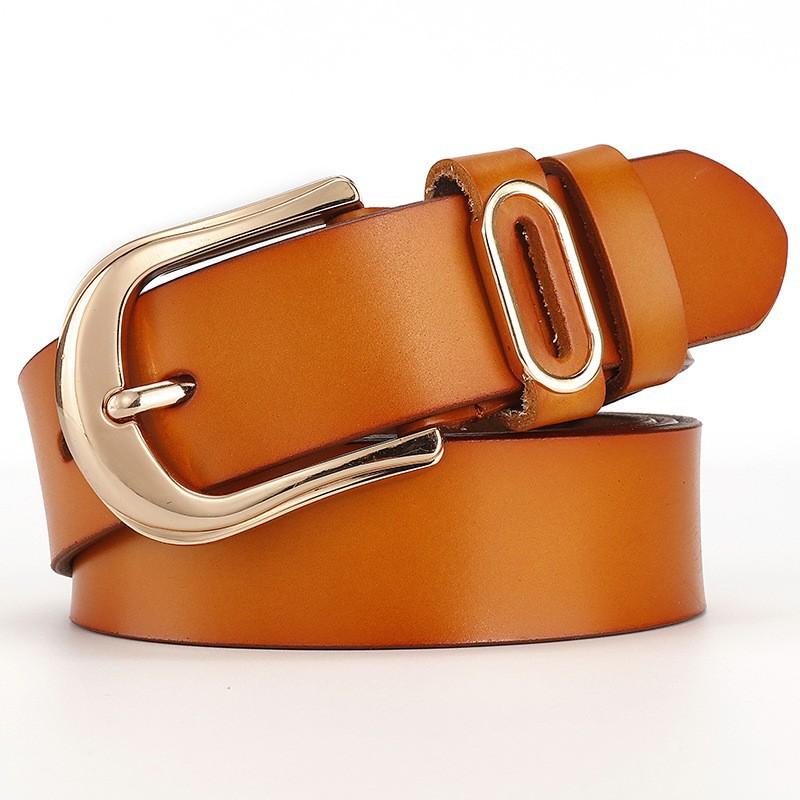 Ladies' Genuine Leather Belt, Golden Pin Buckle Cowhide Belt, Casual and Versatile Wide Waist Seal Flat Belt