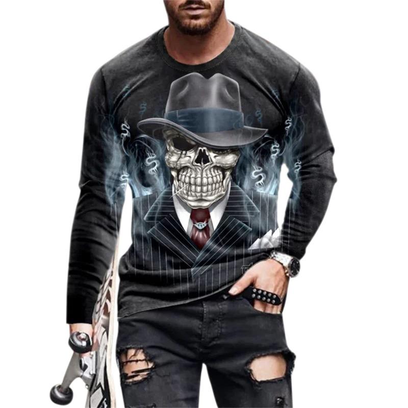 Sports Men's Long-sleeved T-shirt Men's Casual Light Street Hip-hop T-shirt 3d Skull Retro Print Casual Street Wear