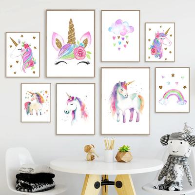 Star Love Colorful Unicorns Rain Of Love Rainbow Watercolour Wall Art Canvas Painting  Nordic Poster for Girls Kindergarten Deco