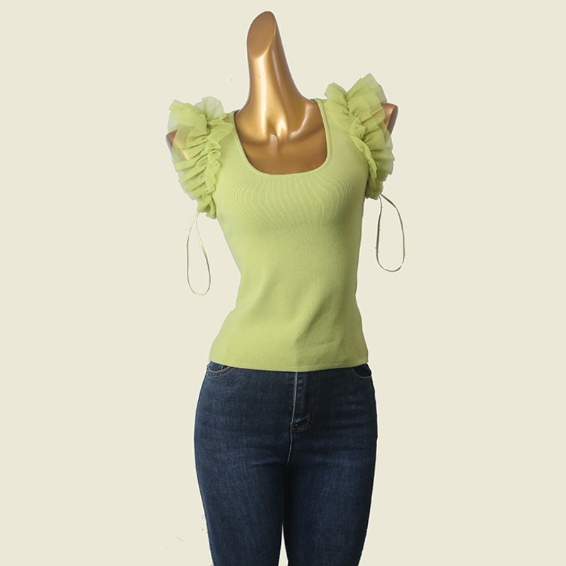 French Sweet Stylish Square Collar Short Sleeve Knitwear Organza Patchwork Sexy Fashion Texture Vest Tops