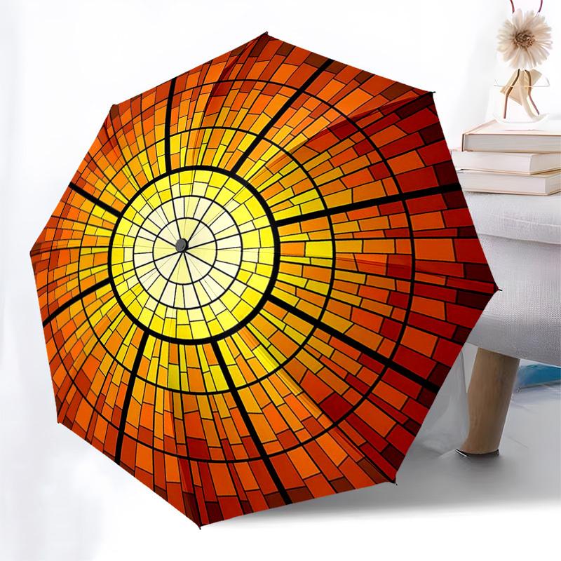 

1pc Stained Glass Sunburst Design Automatic Folding Umbrella - Portable 3-Fold Design, 8-Rib Iron Frame Outdoor Umbrella, Ideal Gift for Fans, Travele