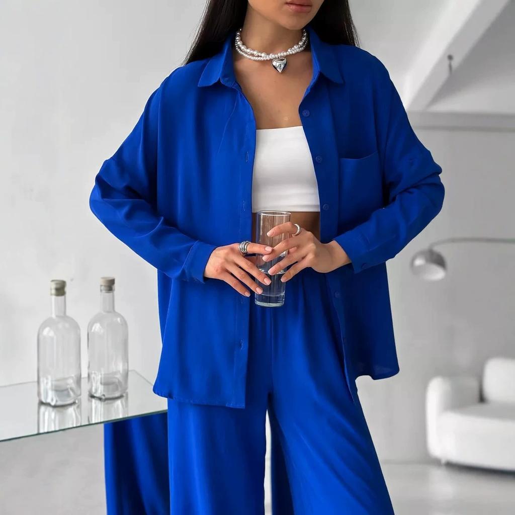 Women's Lapel Pocket Long Sleeve Button Down Shirt And Elastic Waist Wide Leg Pants Two Piece Casual Tracksuit