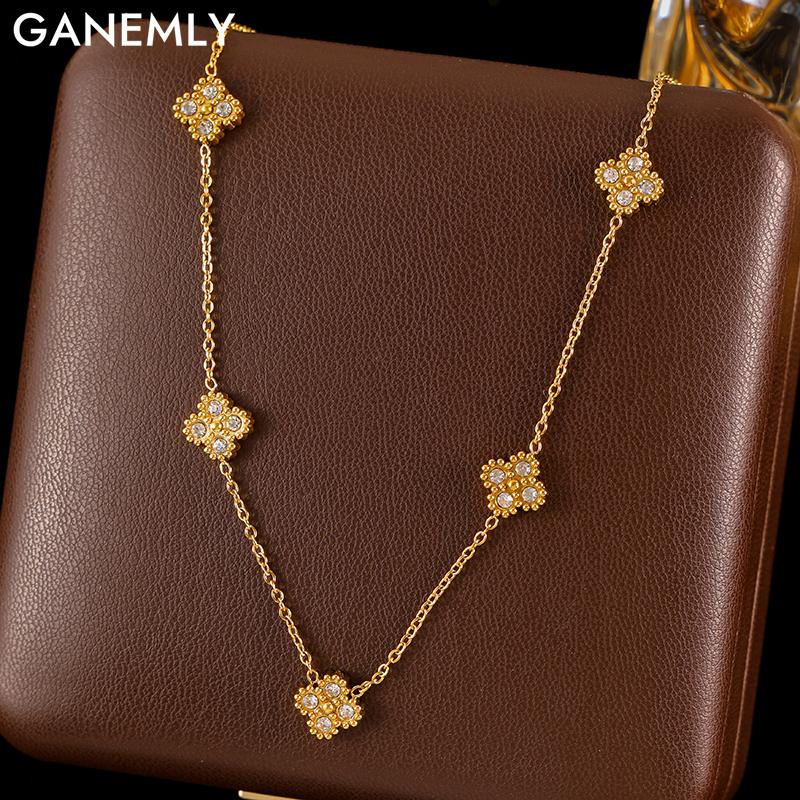 GANEMLY 316L Stainless Steel Clover Flower Zircon Necklace For Women Fashion Clavicle Neck Chain Waterproof Jewelry Gift