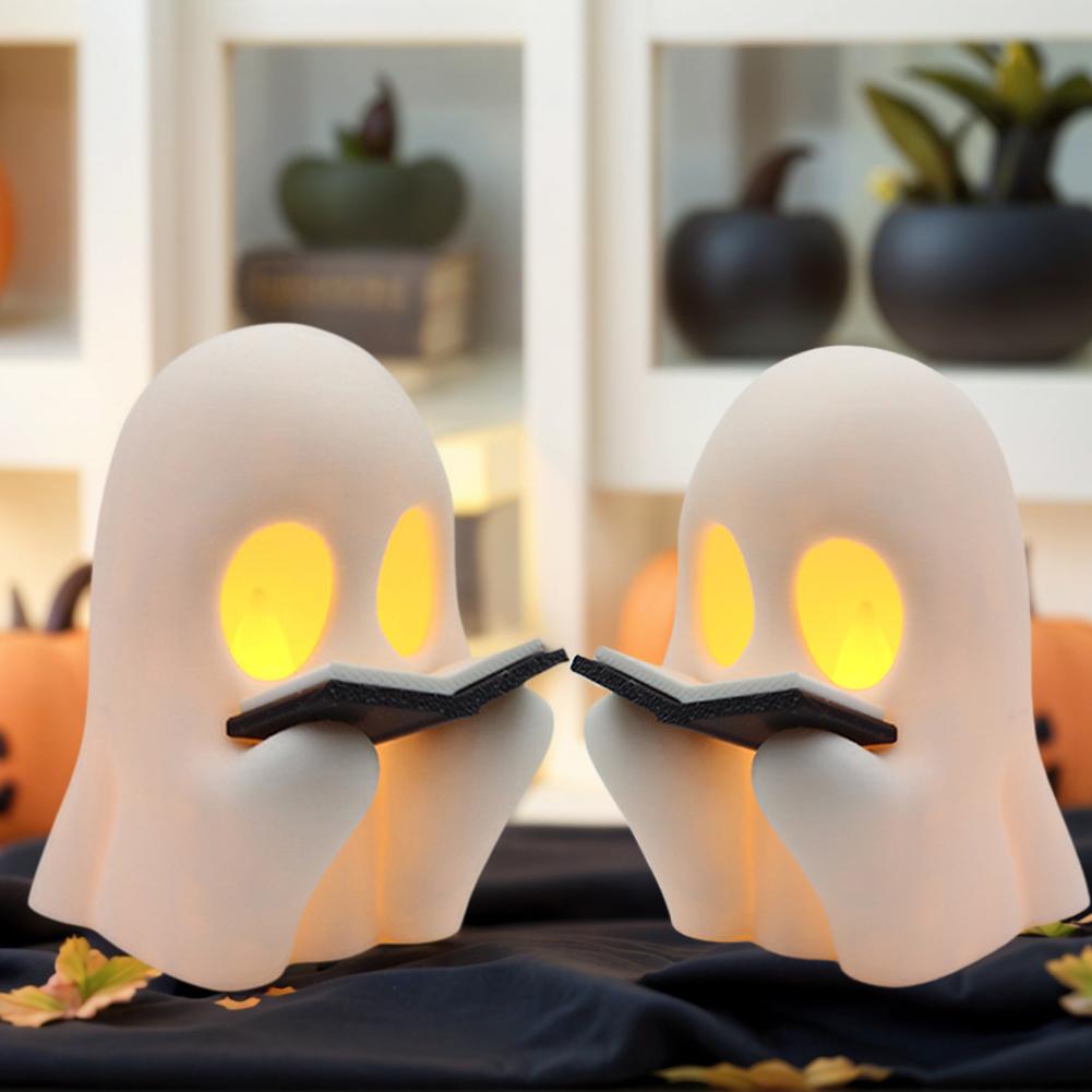 Halloween Ghost Decor Cute LED Resin Ghost Figurine with Pumpkin Basket Glow in Dark for Home Office Party Halloween Decoration
