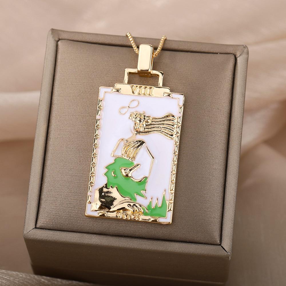 Vintage Colorful Tarot Cards Necklaces for Women Man Painting Sun Moon Pendant Creative Jewelry Gifts