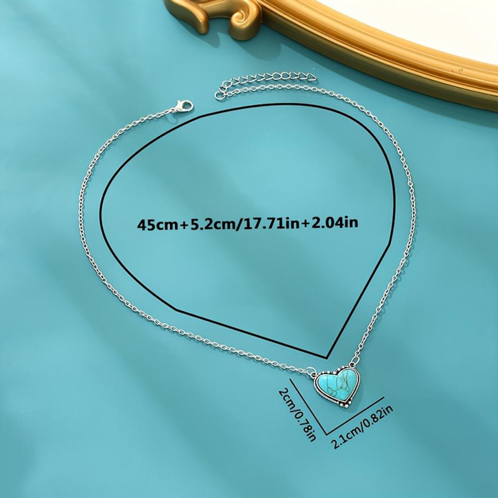 3tlg./Set Damen Böhmischer Vintage Stil Herz Türkis Anhänger Halskette Ohrringe Schmuckset Westernschmuck für Party Abschlussball Kleidung Geschenke
