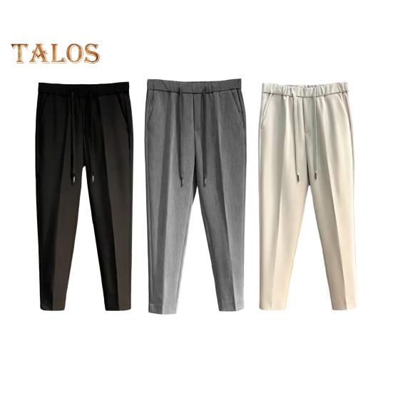 Men Suit Pants Drawstring Elastic Waist Straight Leg Solid Color Loose Formal Business Style Office Wear Trousers Ninth Pants