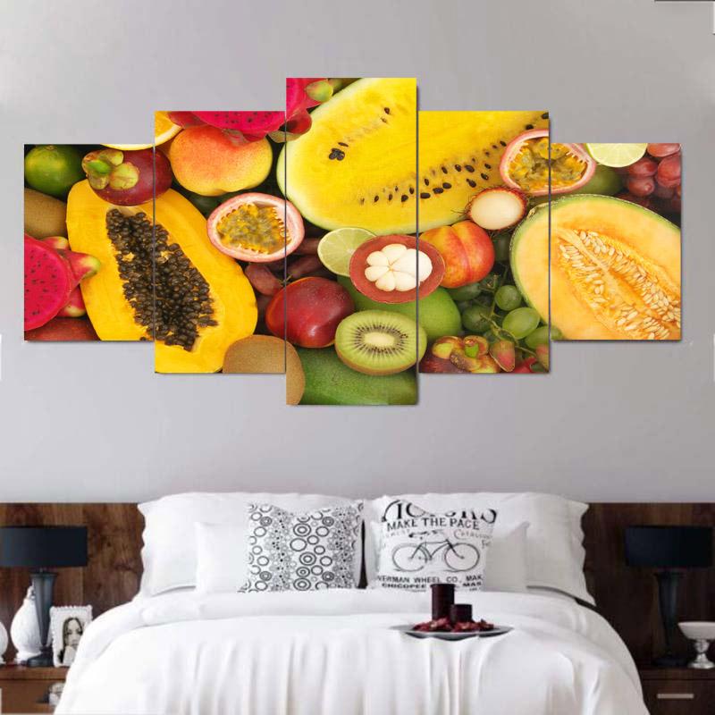 Póster e impresión de 5 paneles de frutas tropicales nutritivas y equilibradas, lienzo moderno, arte de pared, decoración del hogar para sala de estar, sin marco