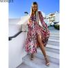MODIQUE 2025 Summer New Women's Sexy Vintage Hot Floral Printing Waist Flowing Long Dress Ladies Folk Casual Long Sleeve Deep V-Neck Dress
