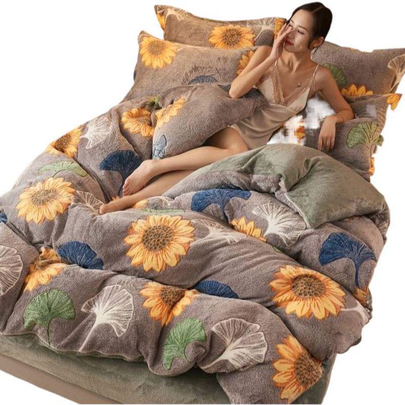 Winter Plush Duvet Cover Set: Double-Sided Flannel & Coral Fleece, Warm 4-Piece Bedding for Dorms