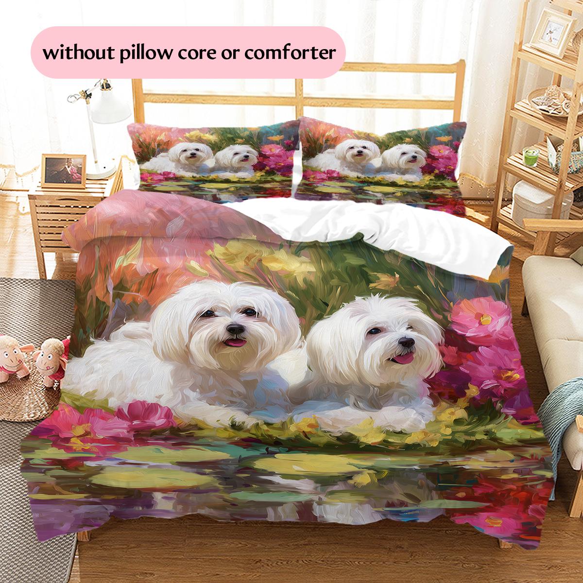 

Maltese and flowers Pattern Bedding Home Decoration Birthday Gift (1 * duvet cover + 2 * pillowcase, without core) 135x200cm