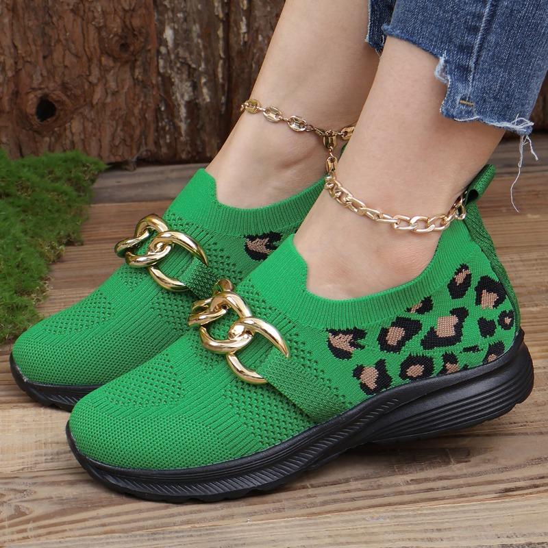 Fashion Mesh Breathable Sneakers Autumn New Round Toe Deep Mouth Metal Chain Leopard Soft Sole Non-Slip Kitten Heels