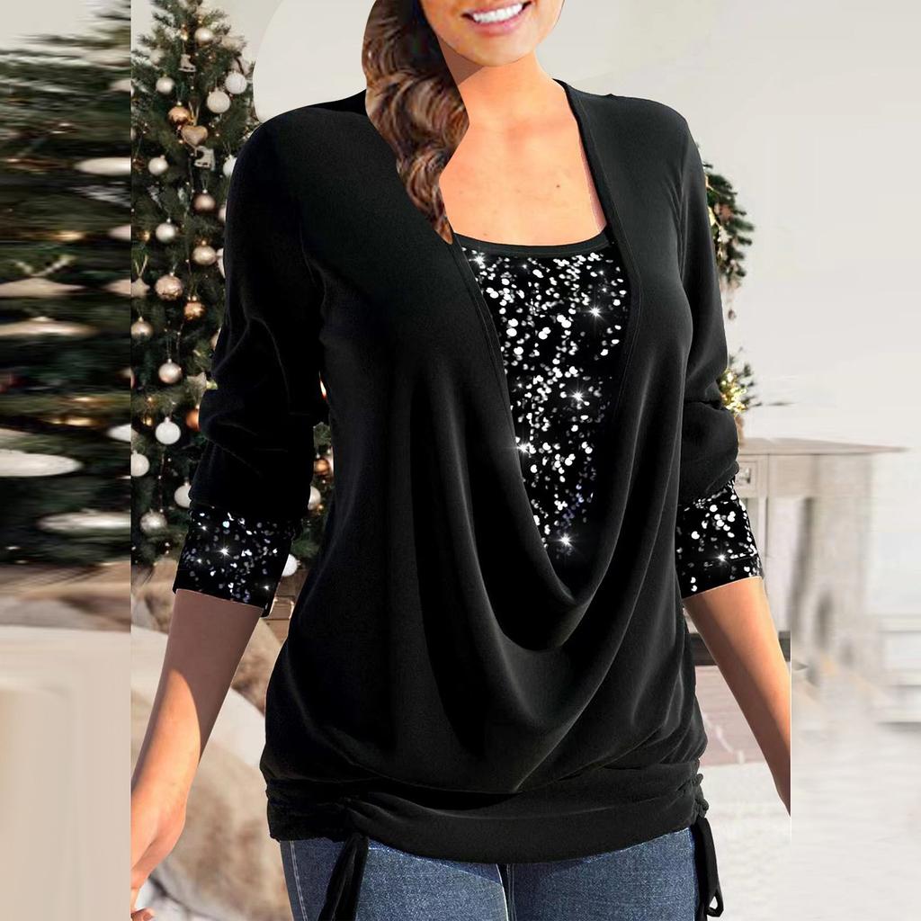 Women's Sequin Color Long Sleeve Large Pendant Collar Loose Drawstring Fake Two-Piece Top