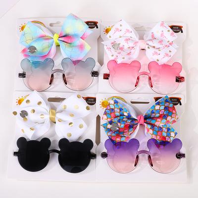 Set di 2 fermagli per capelli con fiocco grande da 4,5 pollici per bambini, con fiocco in cartone animato, set di occhiali, accessori per capelli alla moda, occhiali a forma di orsetto, regalo