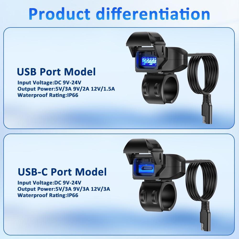 Motorcycle USB Charger SAE To USB Adapter Waterproof Automatically ON/Off Switch DC 9V-24V USB C Motorcycle Charger