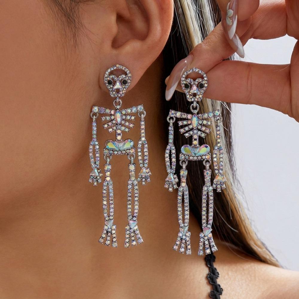 Crystal Halloween Skull Earrings Zircon Long Tassel Drop Earrings Skeleton Dangle Earrings  Unisex