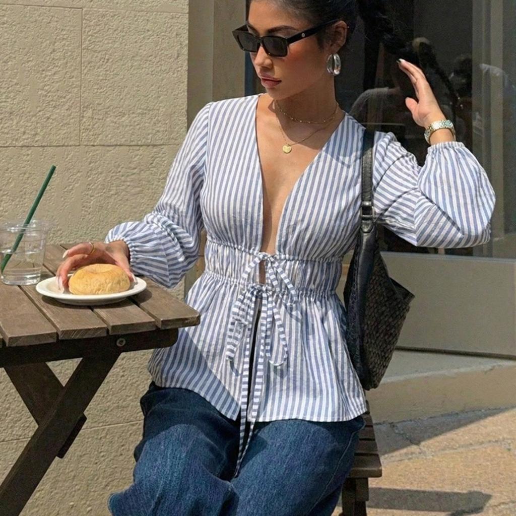 Women's V Neck Long Sleeve Blouse Loose Fit Elegant Vertical Striped Tie Waist Shirt