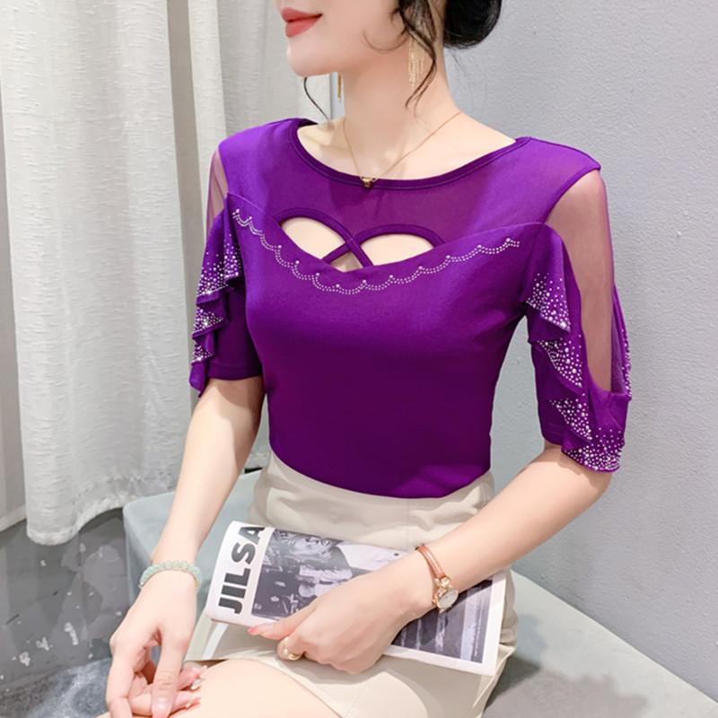

Летняя европейская одежда Женская футболка Шикарная ажурная с горячими бриллиантами Сетчатые футболки Женские прозрачные топы с коротким рукавом 3XL фиолетовый