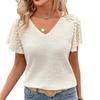 Women V‑Neck Waffle Knit Blouse Lace Flutter Short Sleeve Loose Casual Summer Boho Tops