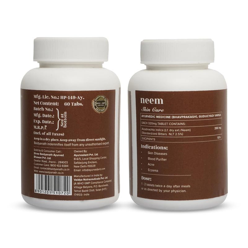 Baidyanath Ayurvedant Neem Tablets For Skin Health Detox And Immune Support | 60 Tablets Pack Of 1 | Natural Herbal Supplement