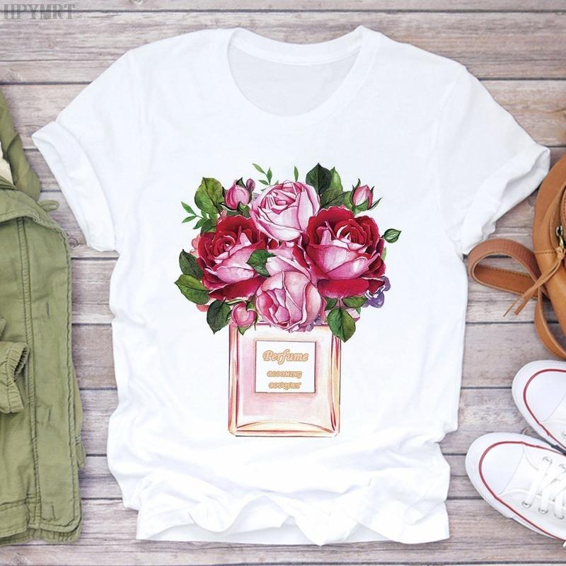 Watercolor Floral Hot Air Balloon Perfume Bottle Print Womens TShirt Casual Short Sleeve Top For Fashion Art Enthusiasts